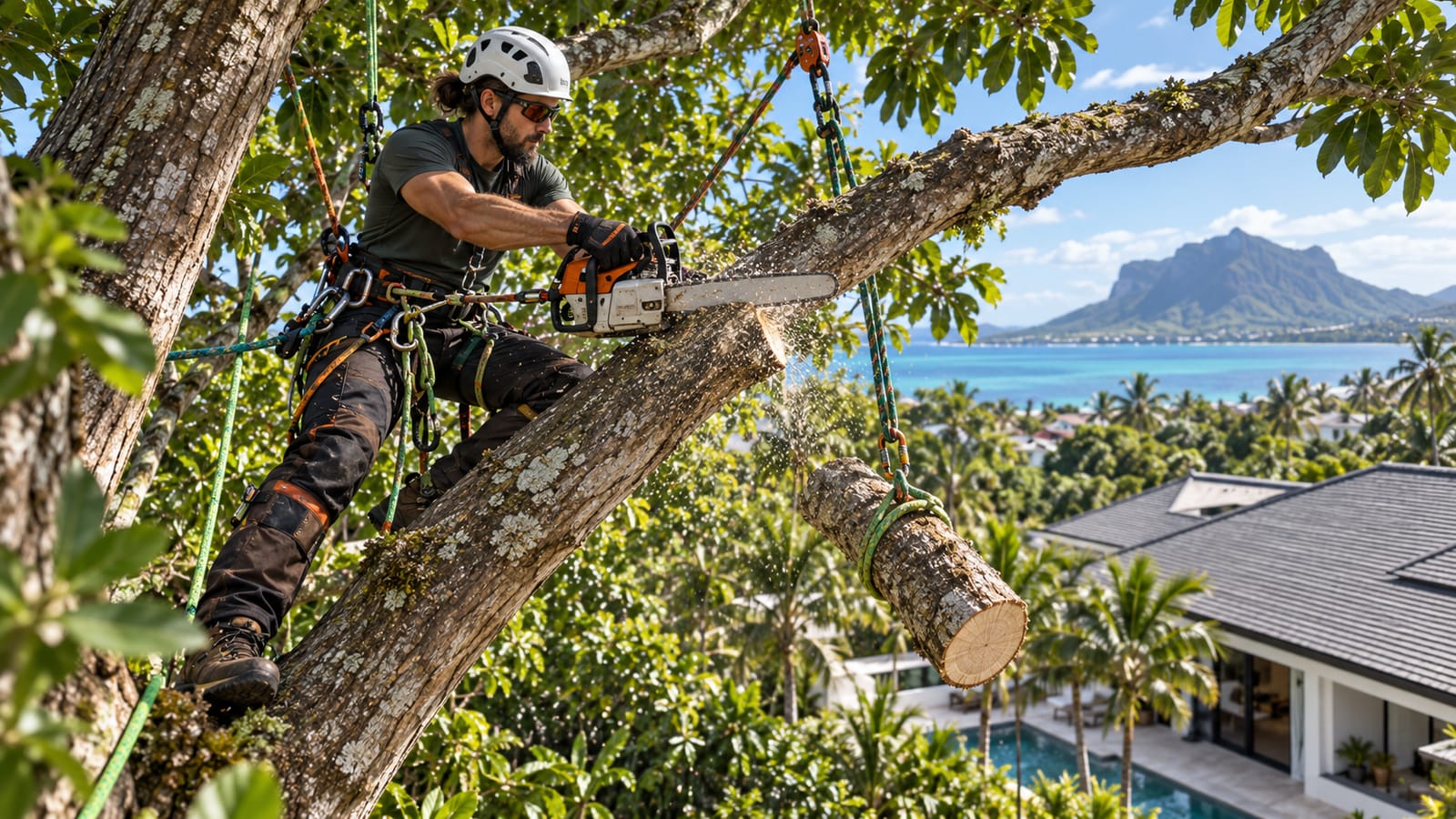 Élagueur à la tronçonneuse dans un arbre, une bille de bois suspendue à la corde