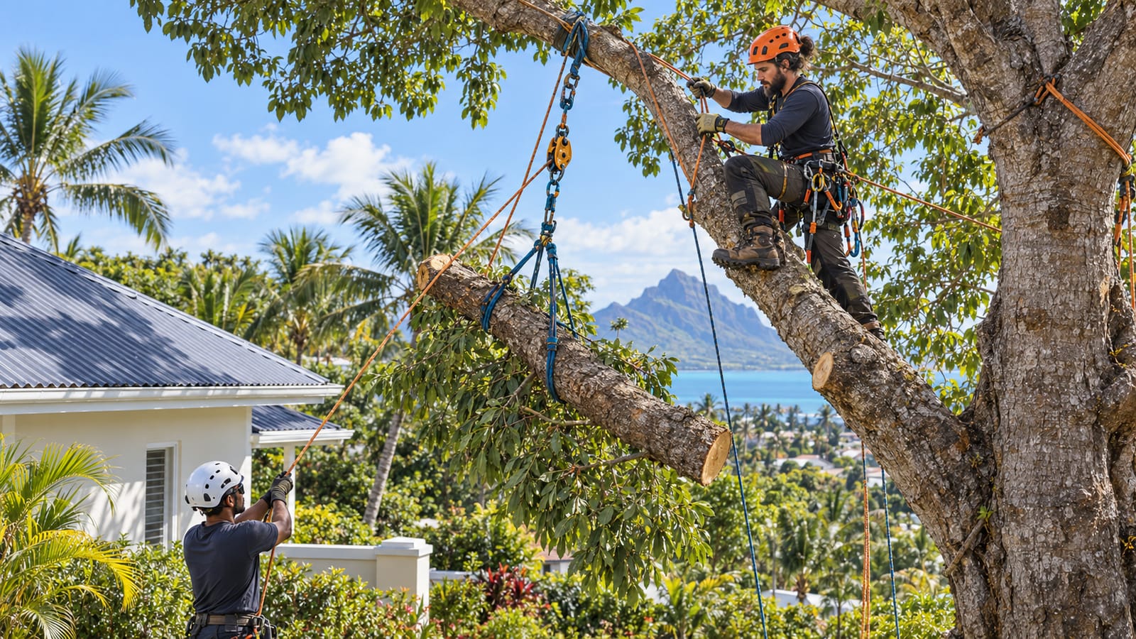 Un élagueur encordé dans un arbre descend un tronc à la poulie, au-dessus d’une maison face au lagon